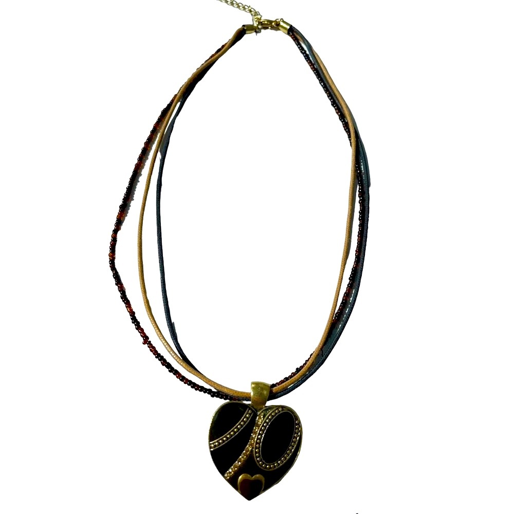 Green And Black Heart Pendant Leather And Seed Bead Statement Necklace